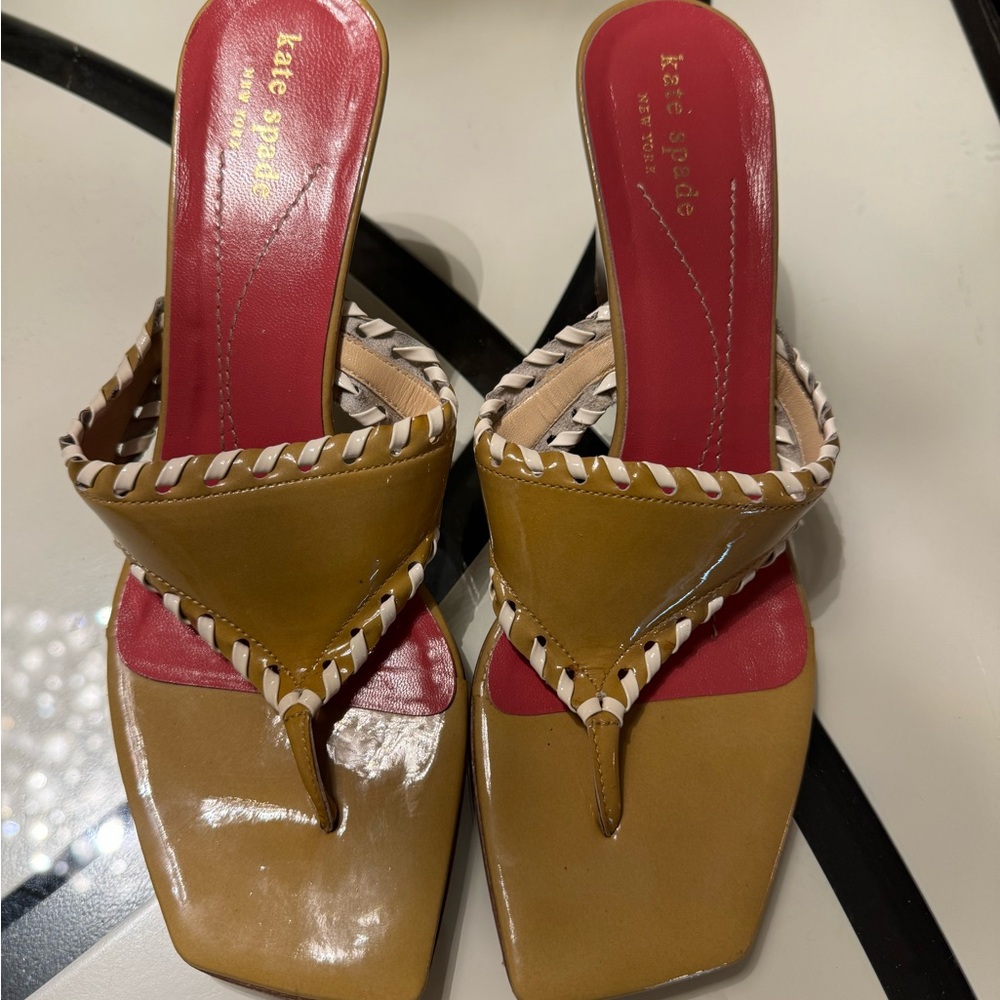 Kate Spade Tan and Red Mule Sandals with Braided Trim